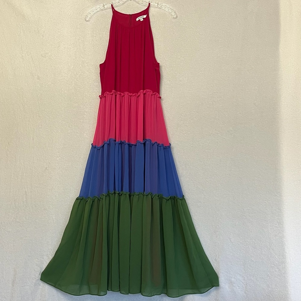 Chico's 1P Maxi Dress Color Block Ruffle Halter Sleeveless Party‎ Dress Petite M - Picture 13 of 16